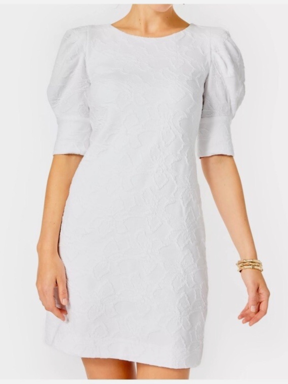 Lilly Pulitzer White Textured Puff-Sleeve Midi Shift Dress